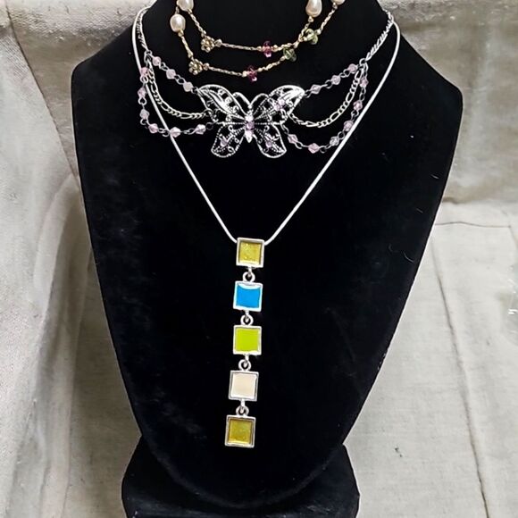 Vintage Y2K  Butterfly Festoon  Necklace Mosaic Tile 3 Piece Crystal Set - Picture 1 of 13